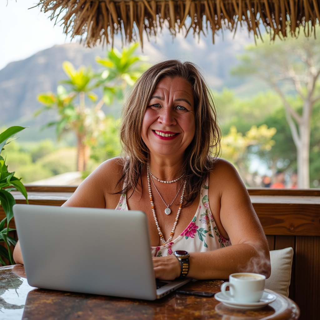 Sylvia Zimmerer am Laptop in einem Cafe